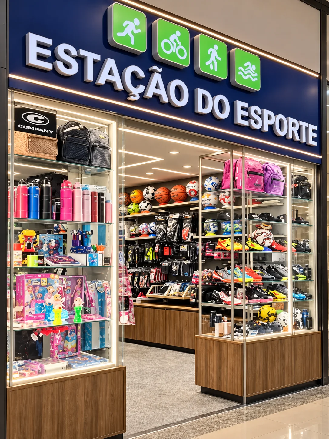 Entrada Estação do Esporte com letreiro azul e expositores de artigos esportivos